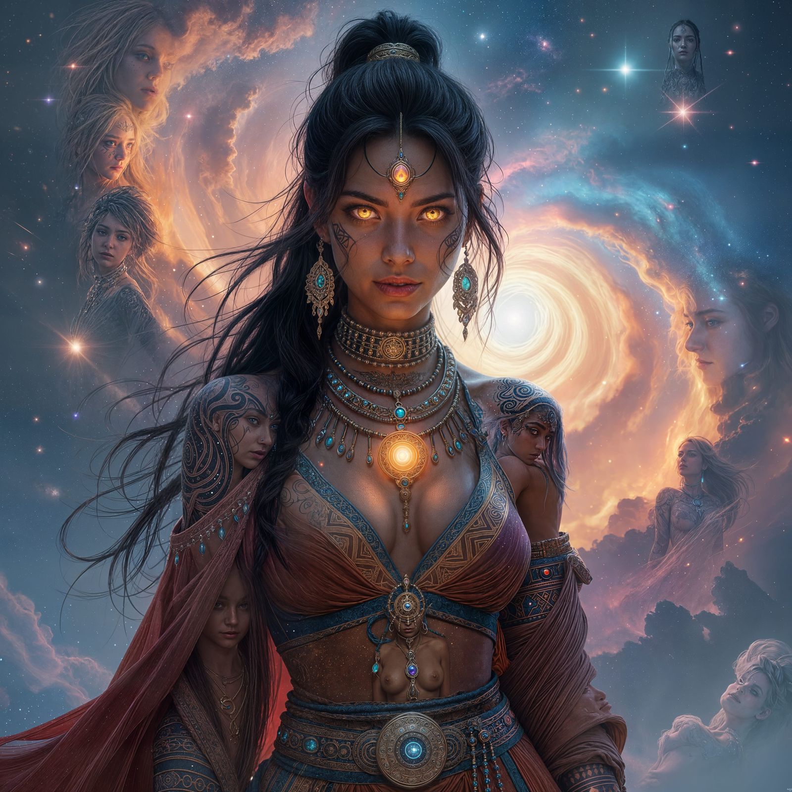 Cosmic Woman Portrait with Glowing Eyes in 8k