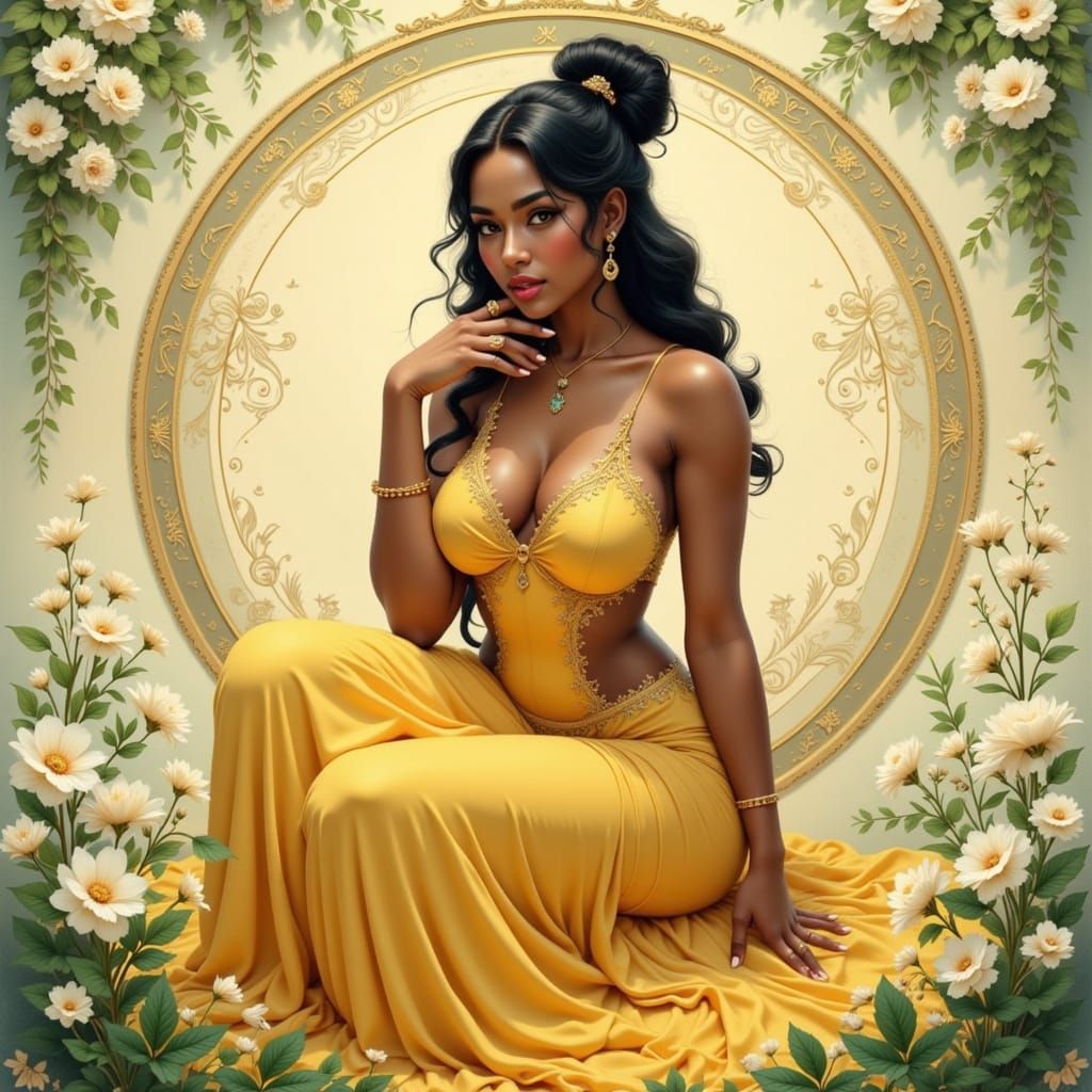 Art Nouveau Asian Woman with Flowers in Alphonse Mucha Style