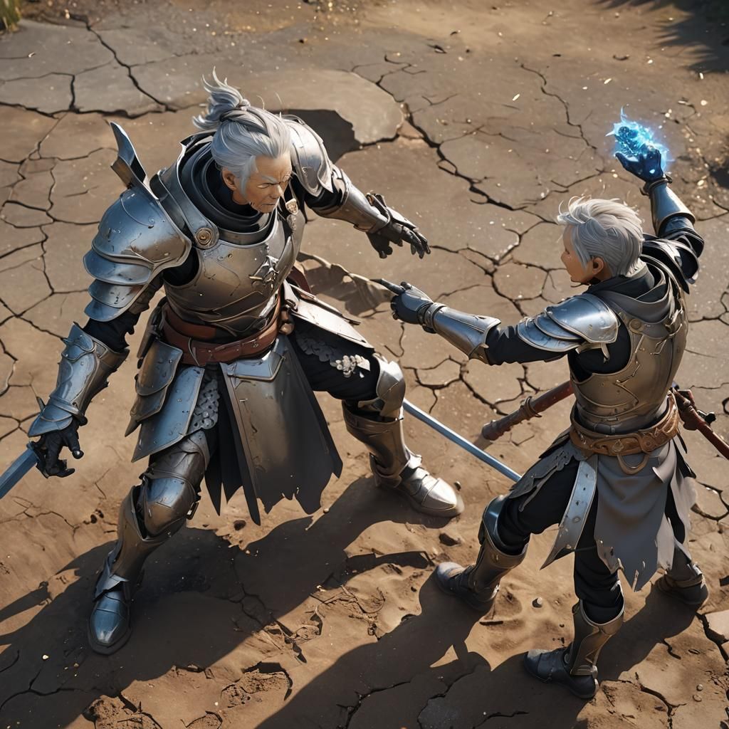 Dirt Humanoid vs Armored Old Man in 3D Anime Art