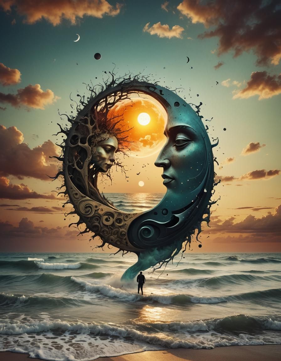Surreal Yin Yang Sun Moon Beach Sunset