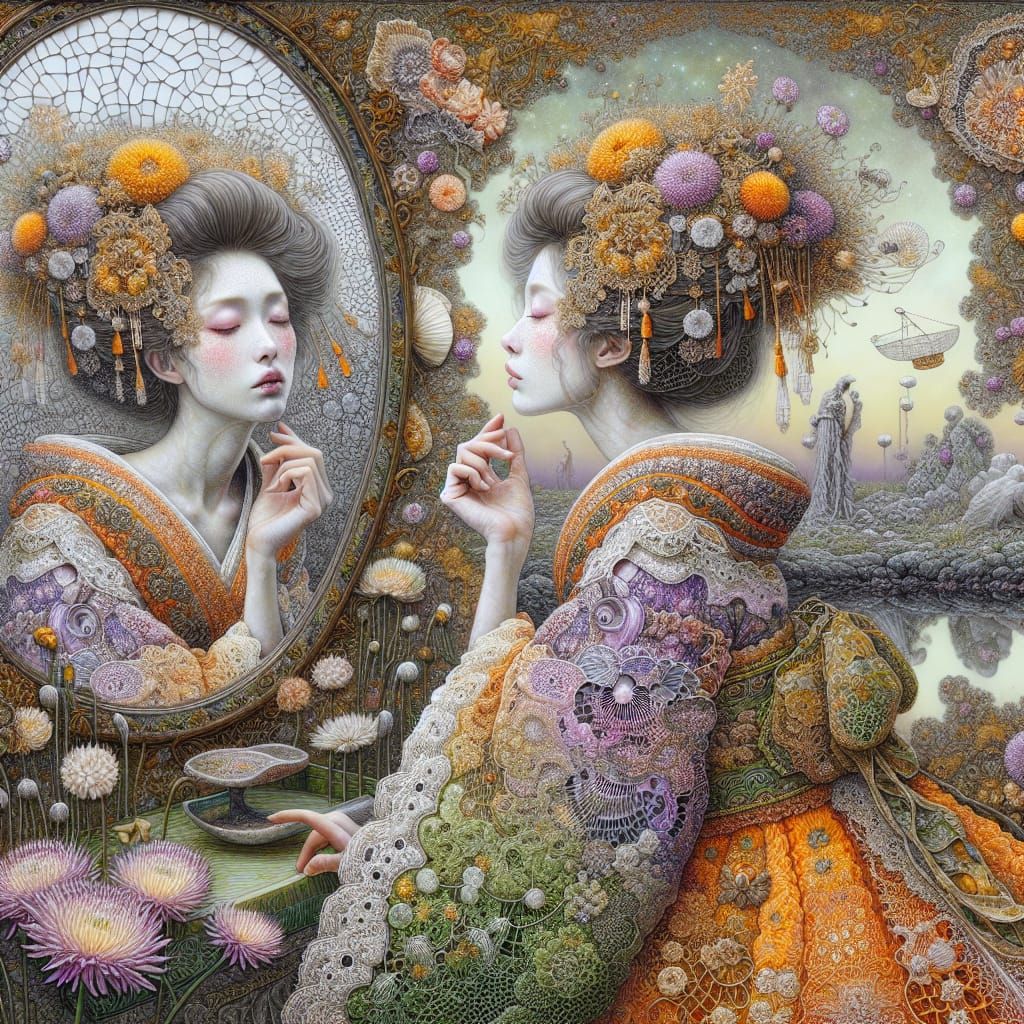 Geisha Gazing into a Shattered Mirror as Watercolor Art