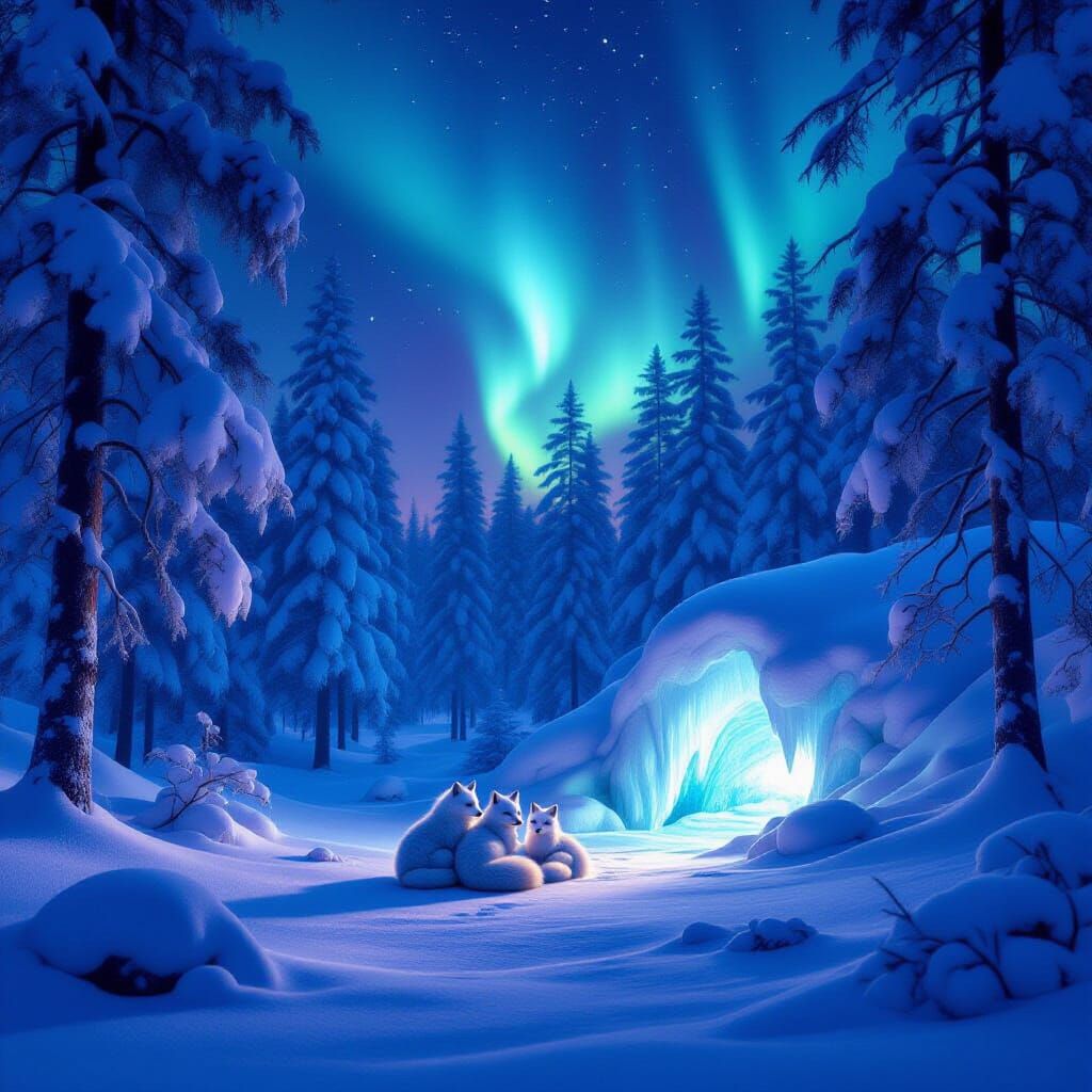 Arctic Foxes in Snowy Forest Clearing at Twilight with Auror...