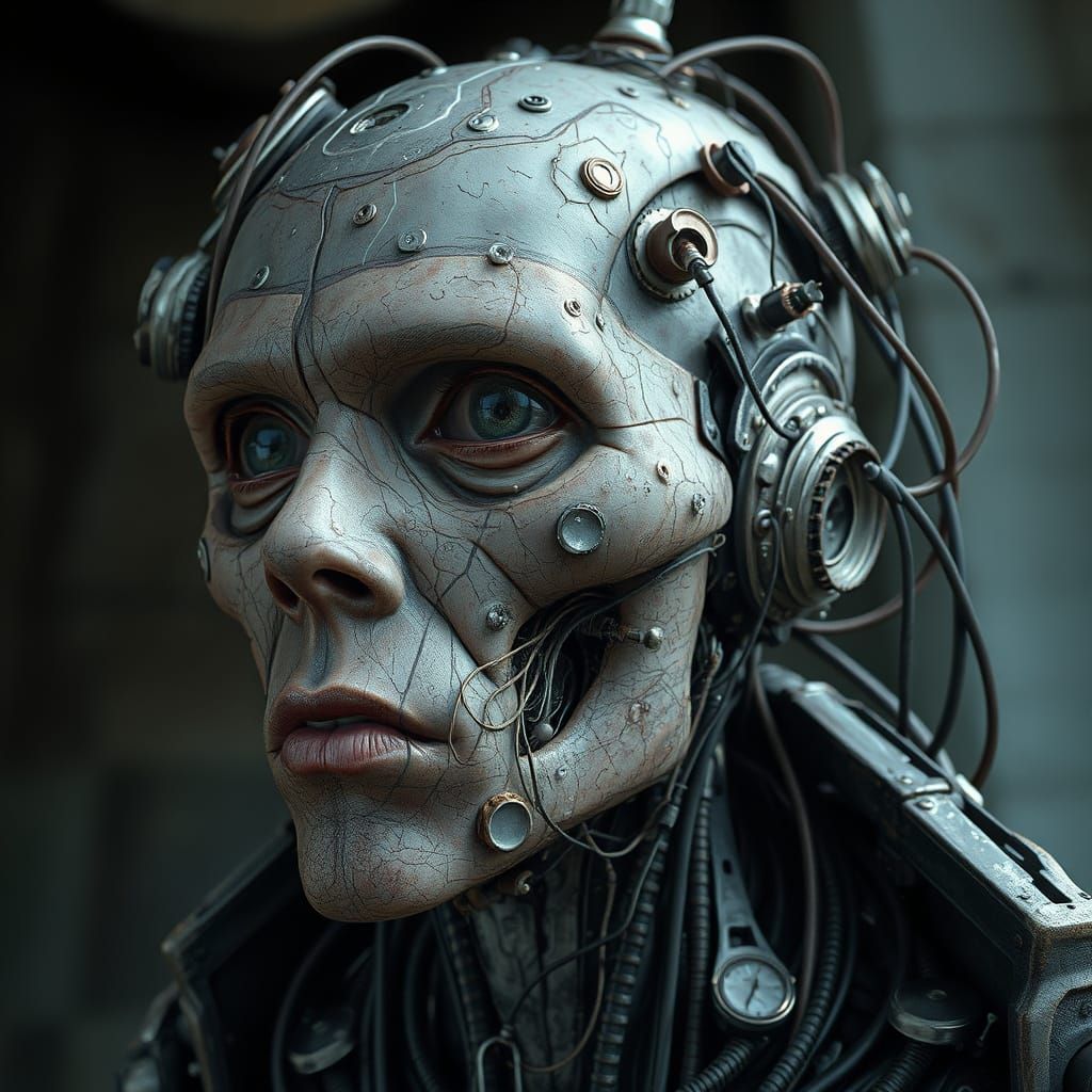 Surreal Cybernetic Figure with Dystopian Futuristic Feel