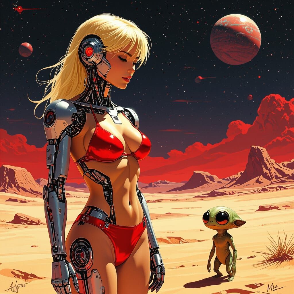 Cyborg in Red Bikini on Alien Planet