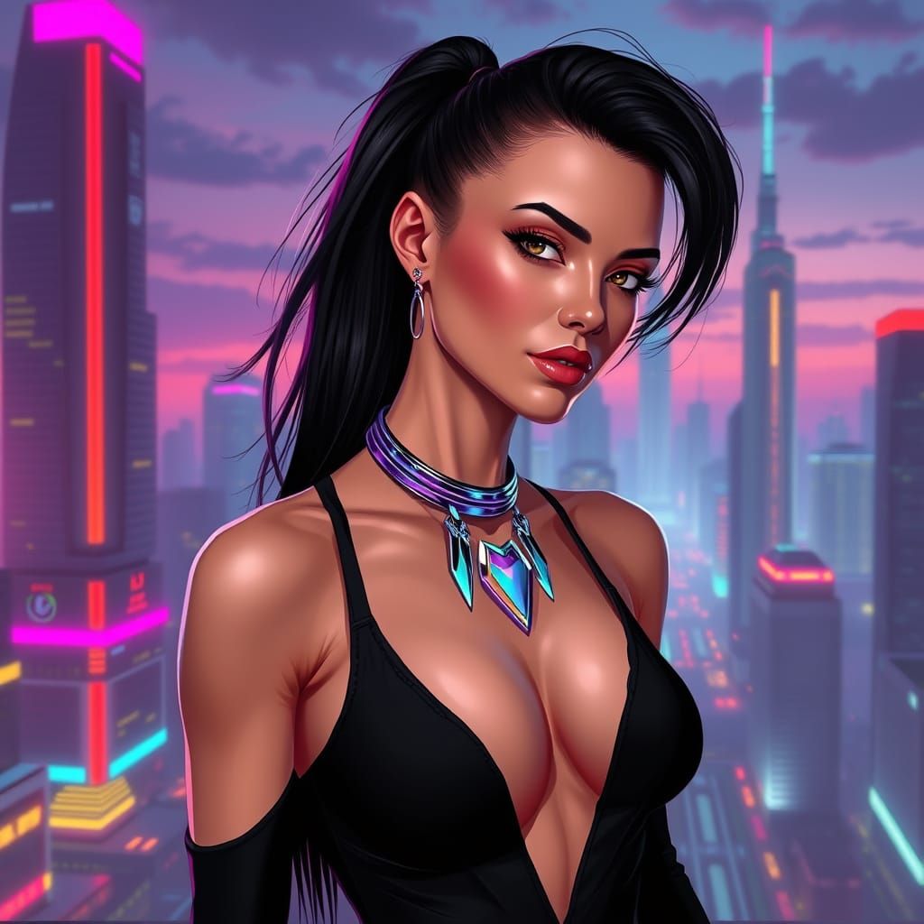 Elegant Futuristic Woman in Neon Cityscape