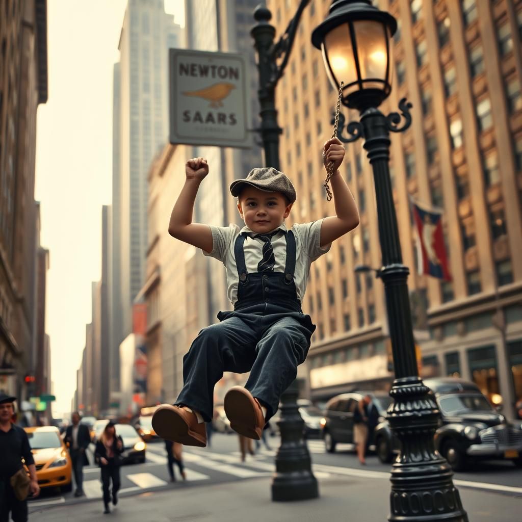 Newsboy Swinging on Lamp Post: 1920s Cinematic Scene