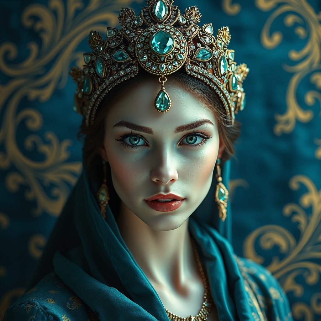 Majestic Fantasy Queen in Ancient Tapestry Style