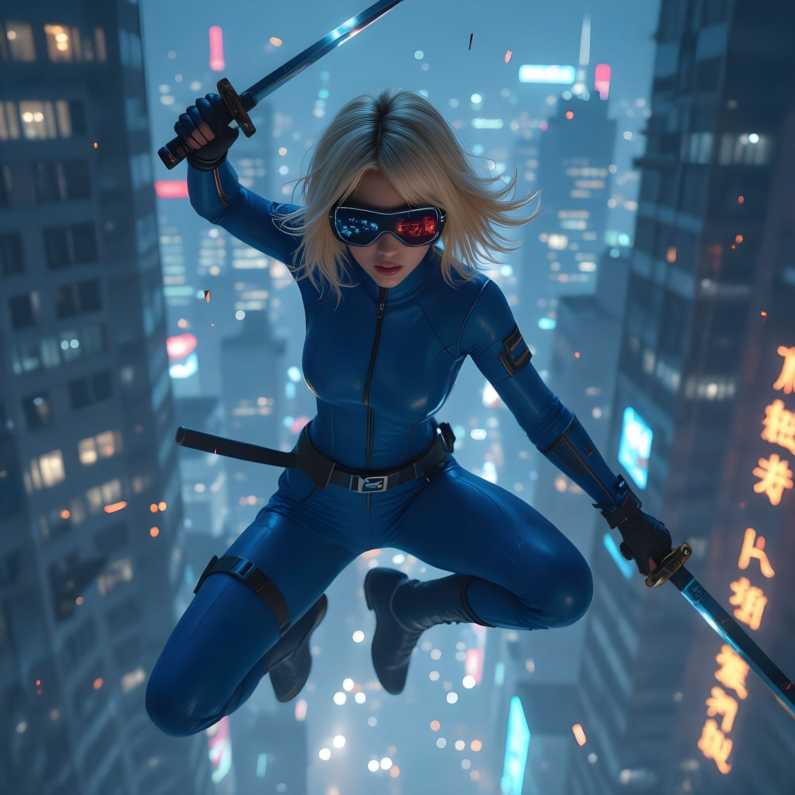 Samurai Girl Mid-Air in Neon City Ruins
