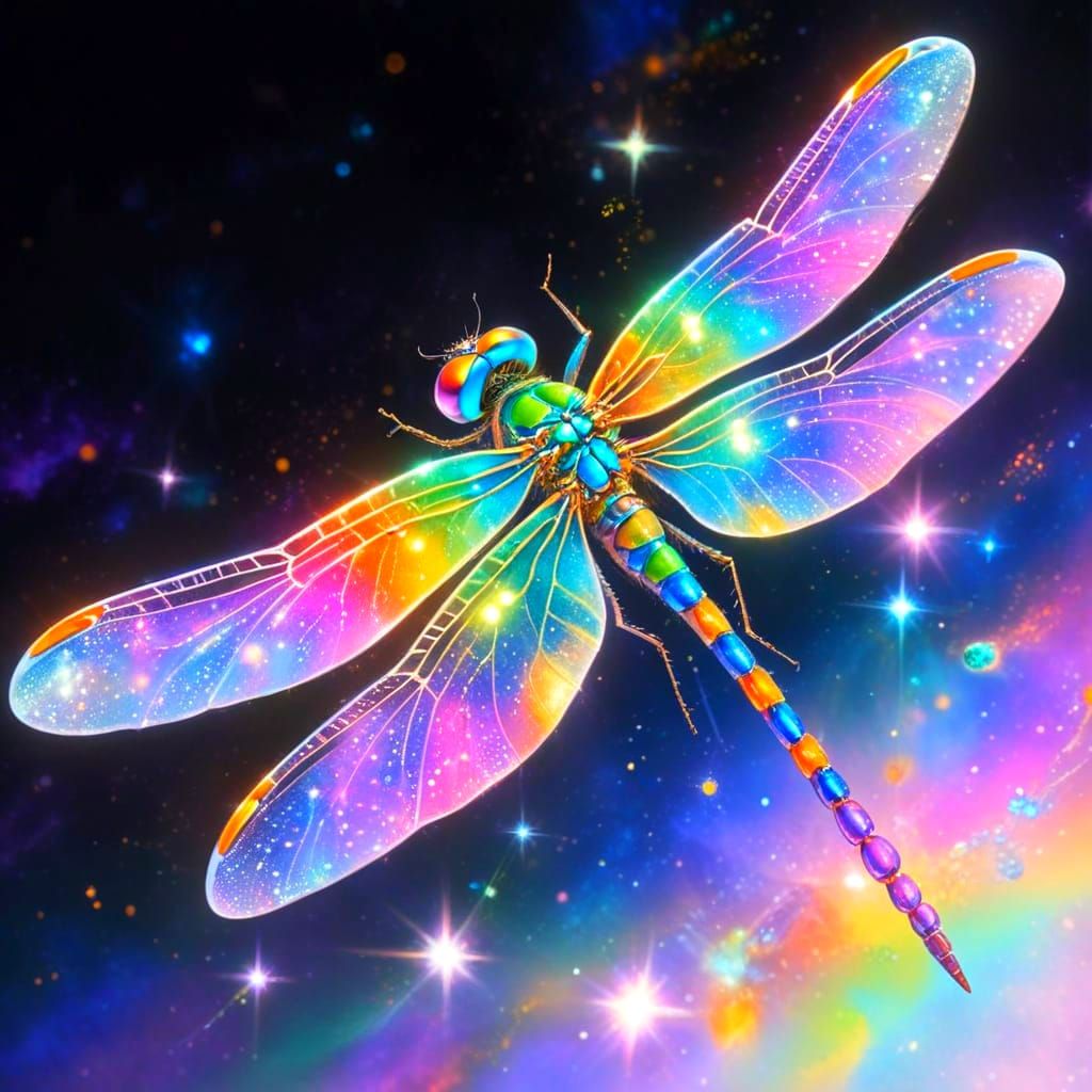 Rainbow Dragonfly Amidst Cosmic Nebulae