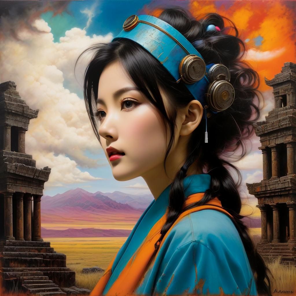 Mysterious Ancient Ruins in Vibrant Oil Pastels