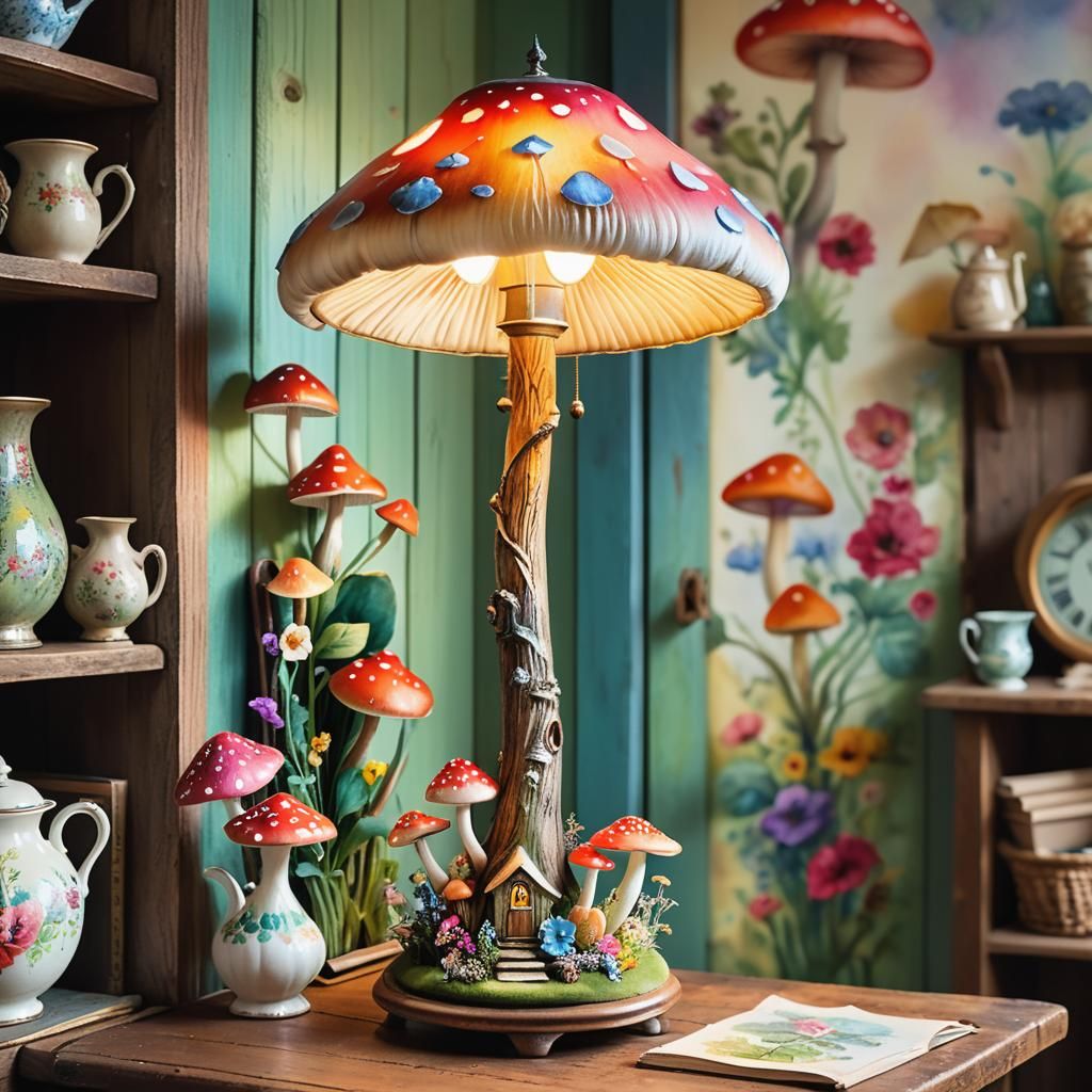 Mushroom Lamp in Cozy Watercolor Cottage