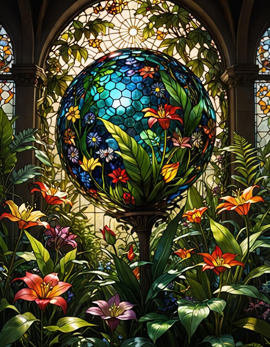 Iridescent Stained Glass Sphere with Flowers
