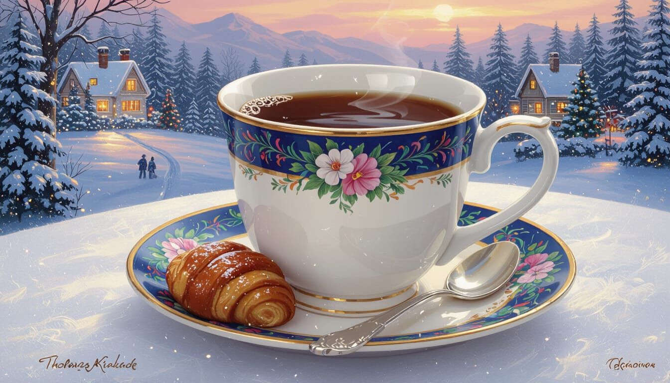 Cozy Coffee and Cinnamon Roll in Thomas Kinkade Style