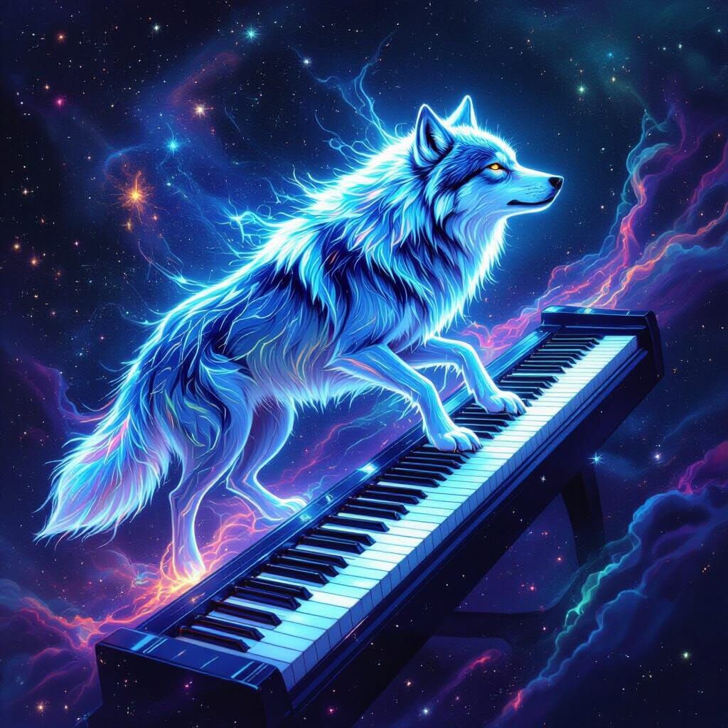 Ethereal Wolf Plays Stardust Piano in Cosmos