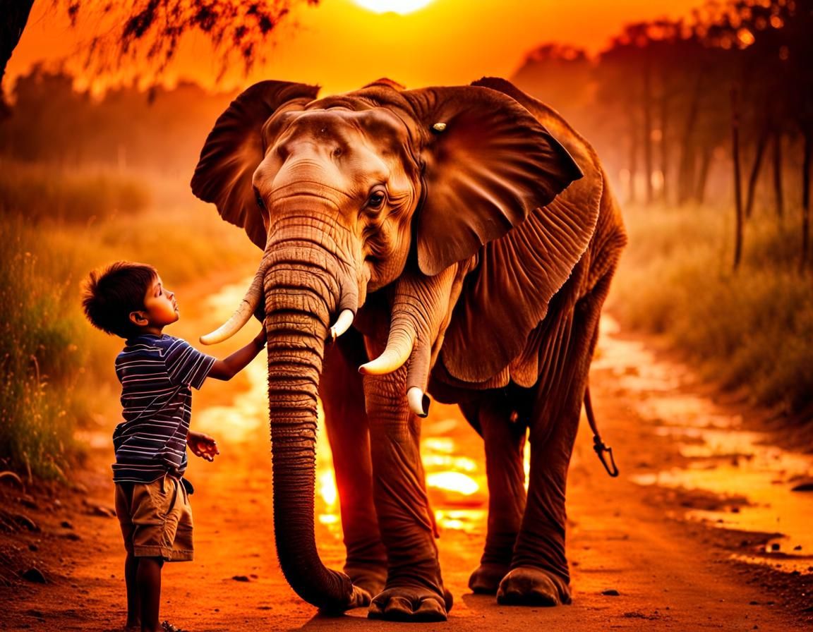 Elephant and Boy Watch Sunset Together