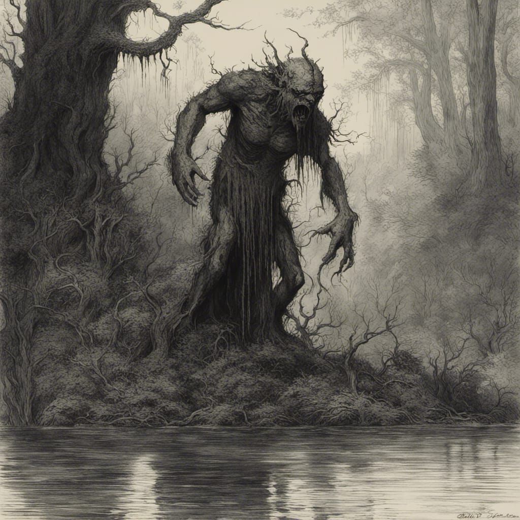 Moss-Covered Swamp Demon in Horror Engraving Style