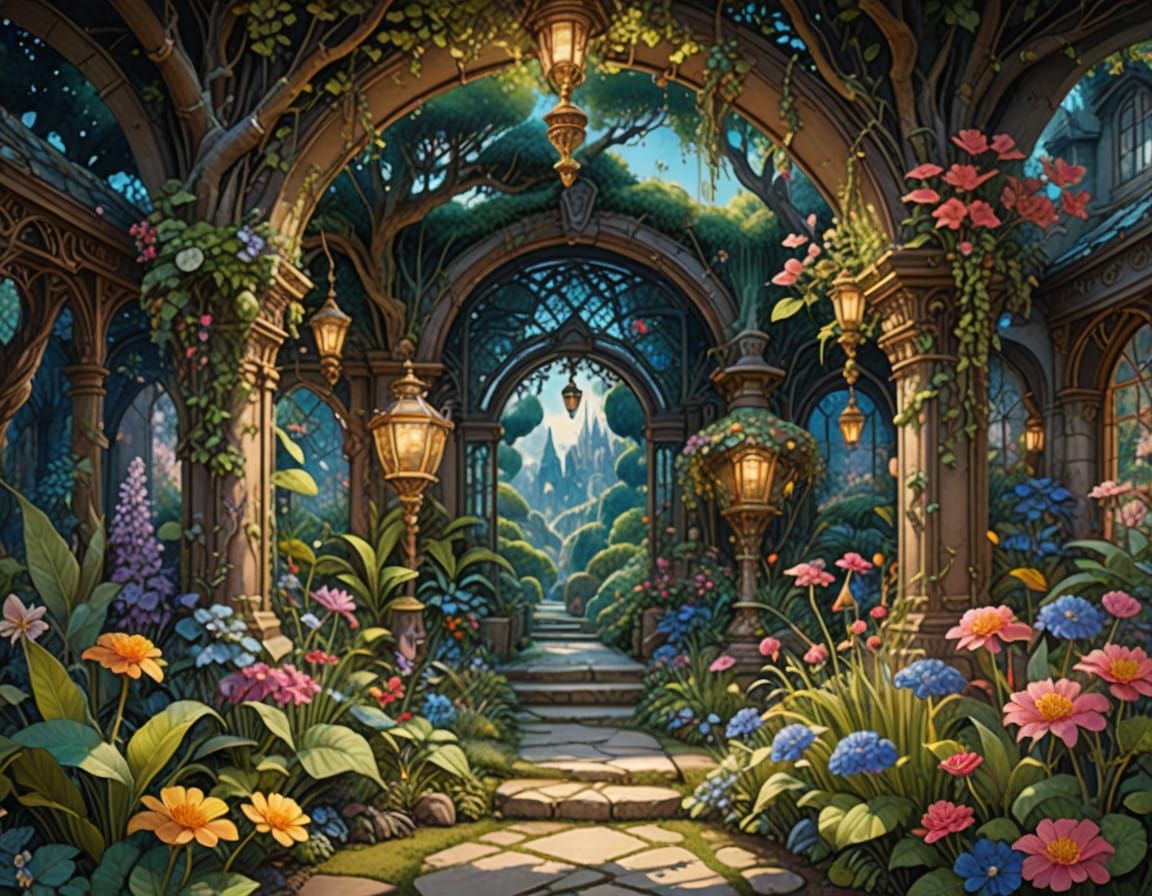 Dreamlike Exotic Garden in Vibrant Watercolor Style