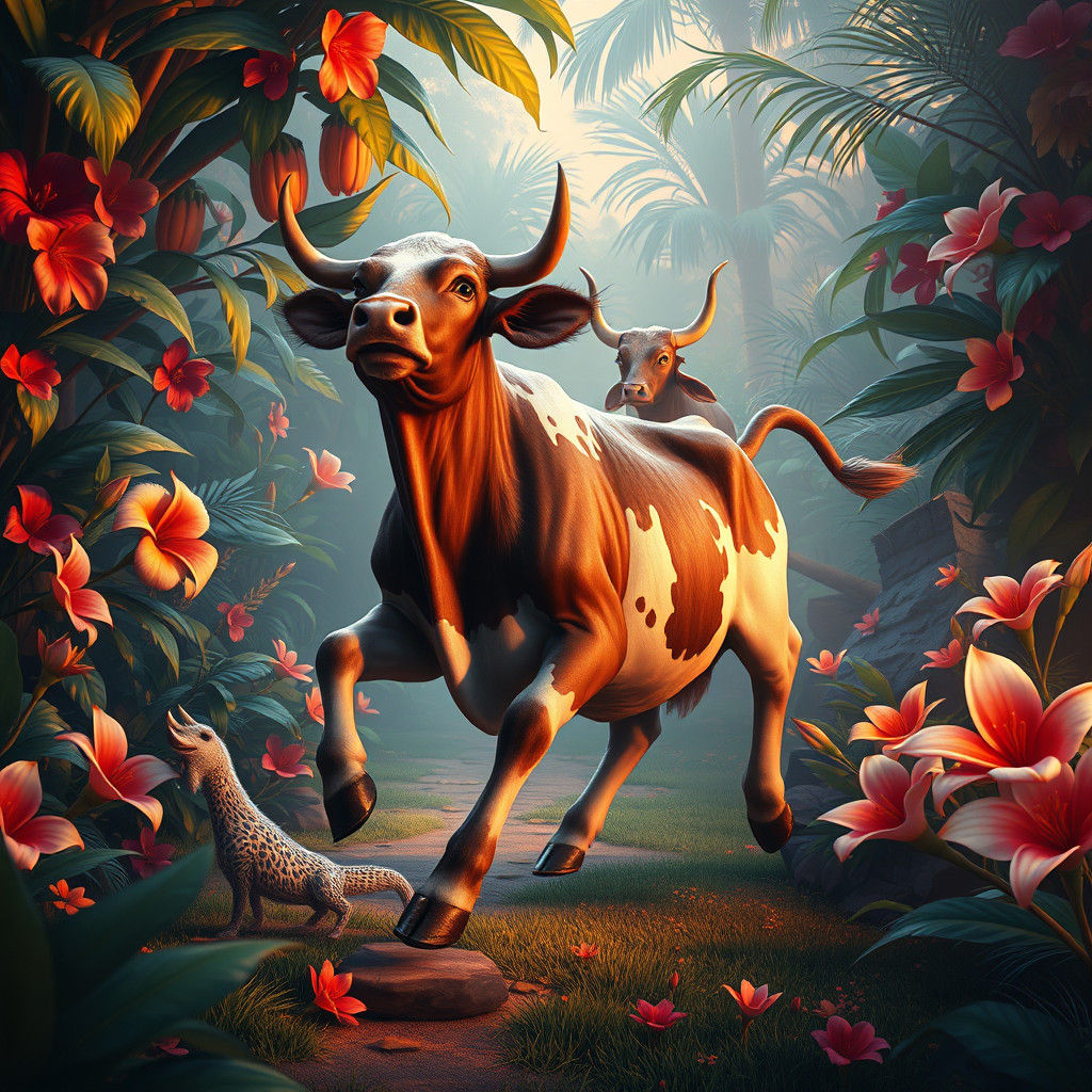 Dancing Cow in Lush Tropical Dreamscape
