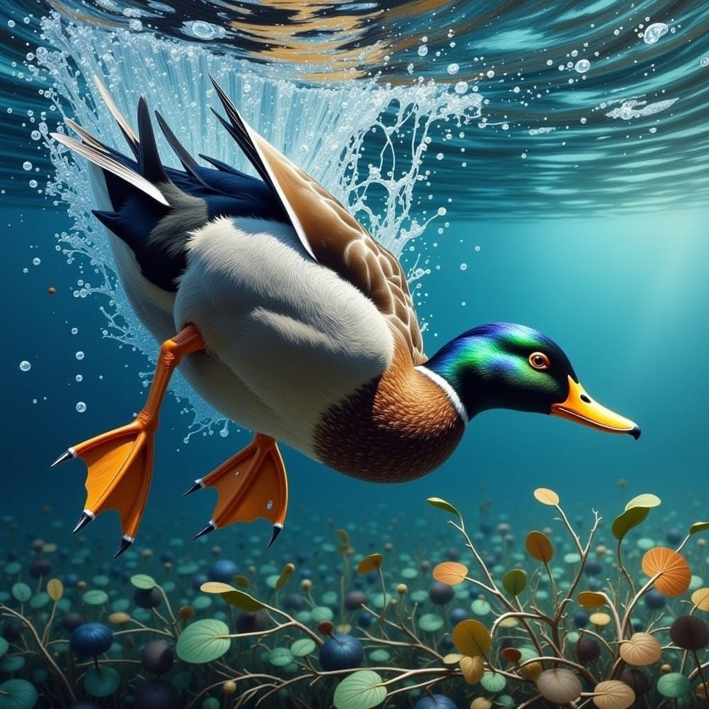 Duck Diving Underwater as Impasto Oil Painting