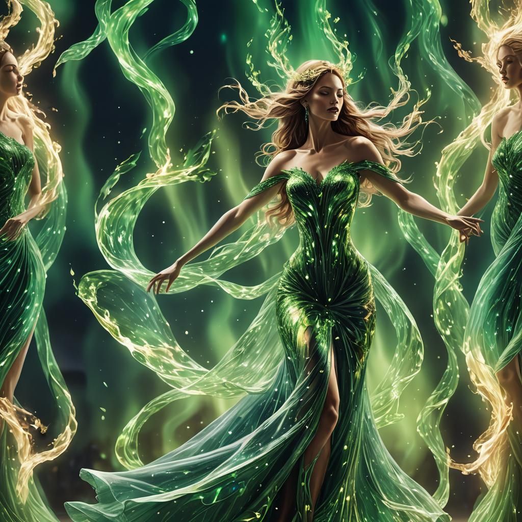 Elegant Woman Dancing in Aurora Flame Colors