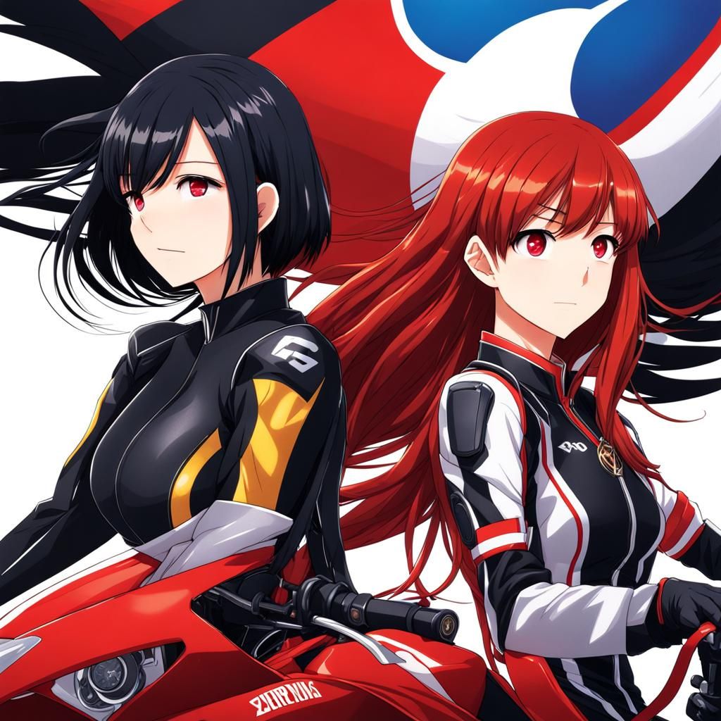 Anime Girls with Superbike in Manga Style