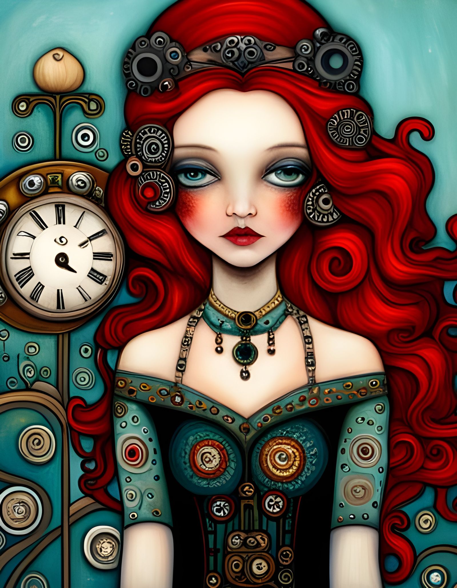 Steampunk Lady with Clockwork Headpiece in Art Nouveau Style