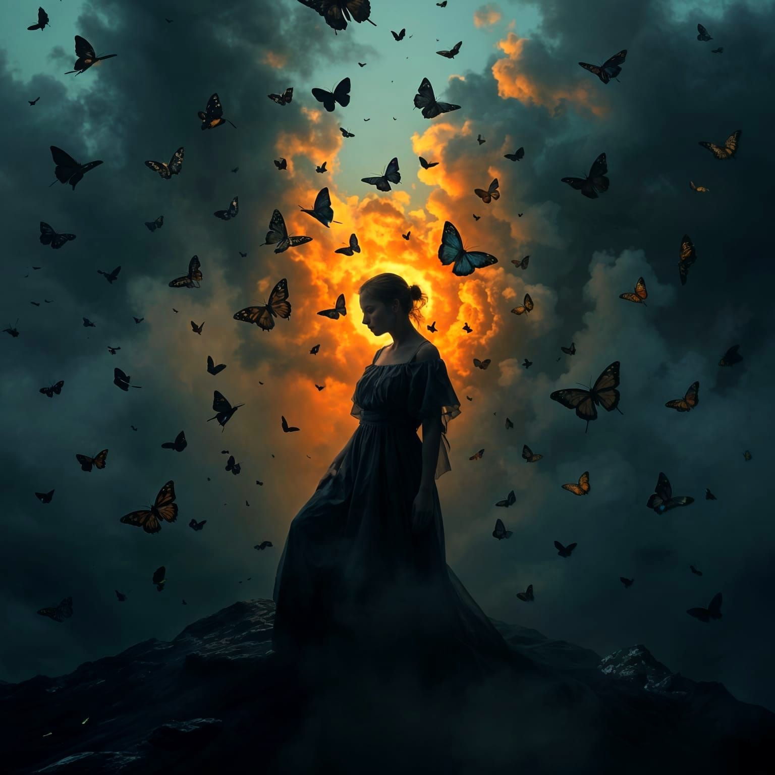 Dreamy Butterflies in Surreal Dark Landscape
