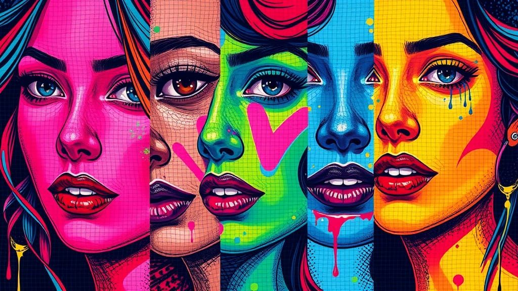 Neon Mosaic Collage of Women's Faces