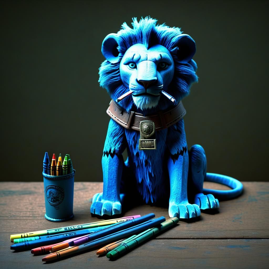 Blue Lion with Gun Belt and Crayons: Cinematic Still