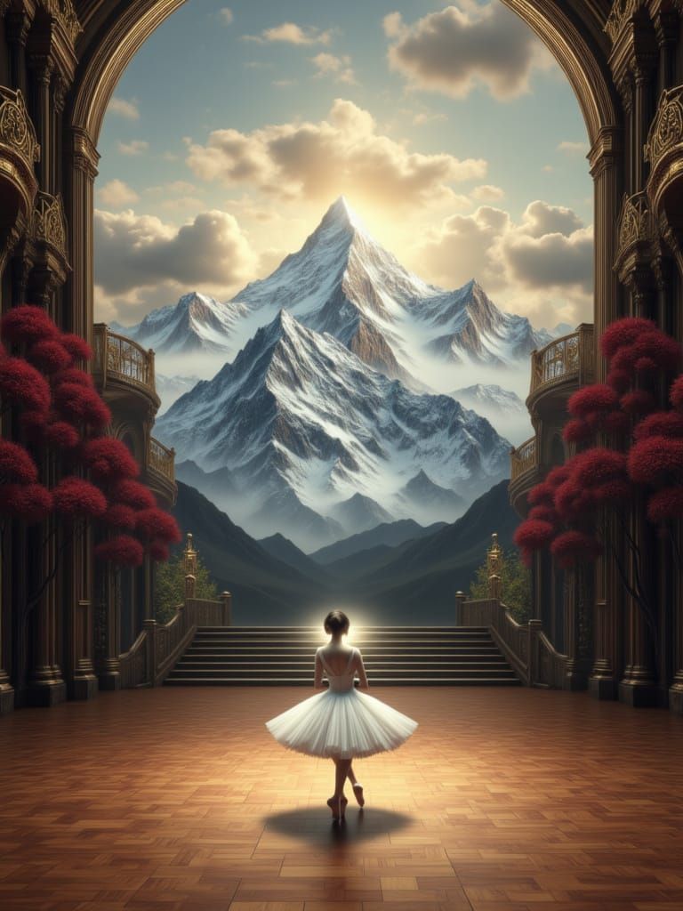 Surreal Ballerina Dances Amidst Mountain Ballroom