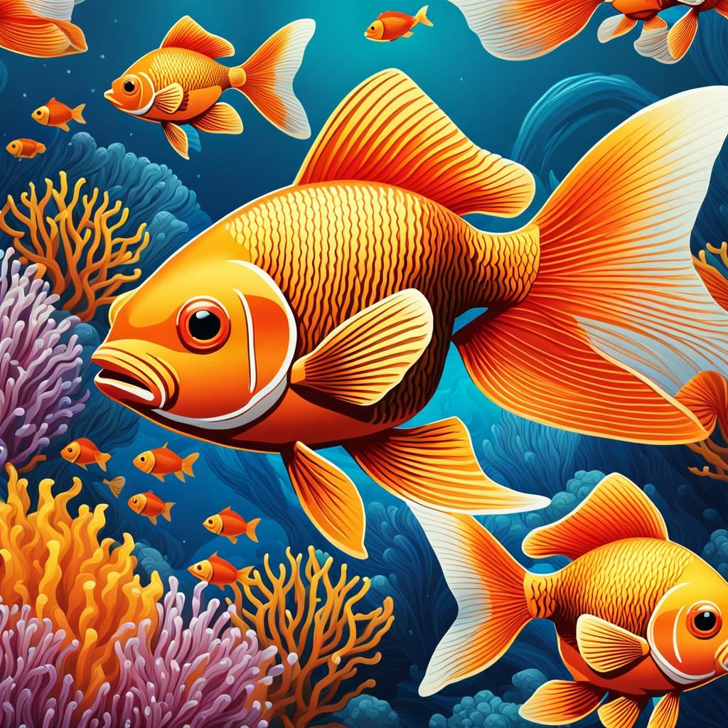 Goldfish Underwater with Sea Flowers in Pop Art Style