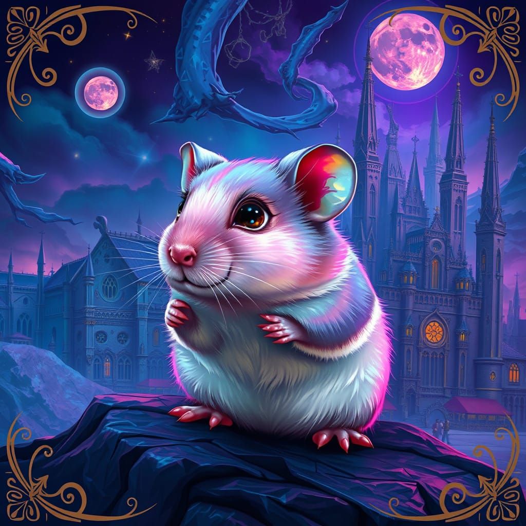 Iridescent Hamster Amidst Whimsical Cityscape in High-Fantas...