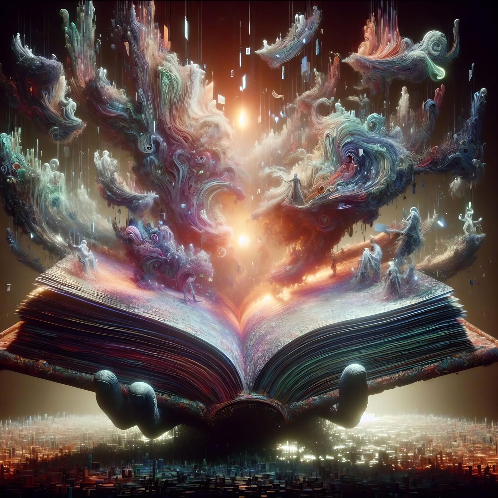 Ethereal Book with Liquid Words in a Cinematic Style