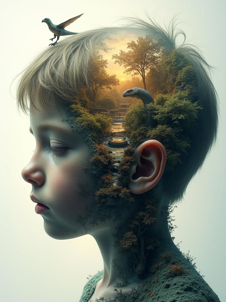 Surreal Mindscape: Child's Head Landscape Concept Art