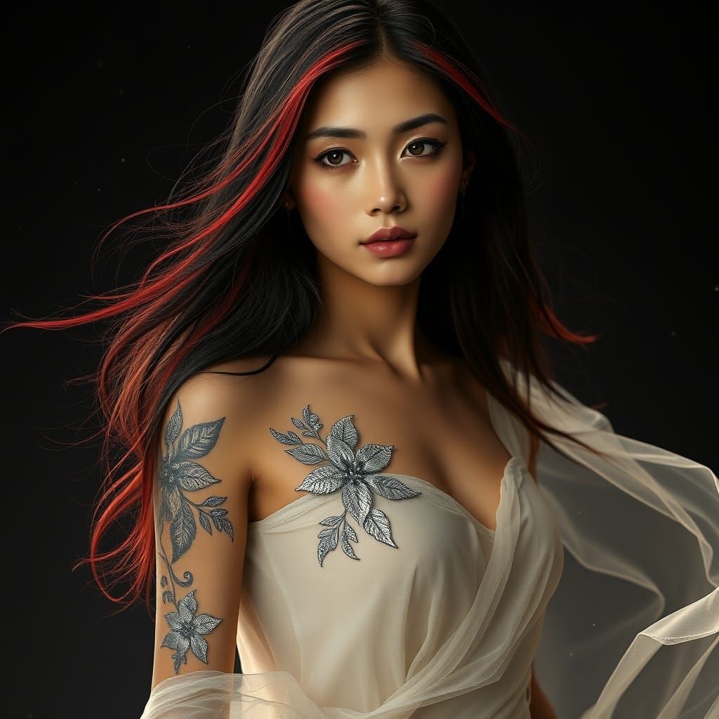 Photorealistic Filipina Woman with Crimson Hair and Silver F...