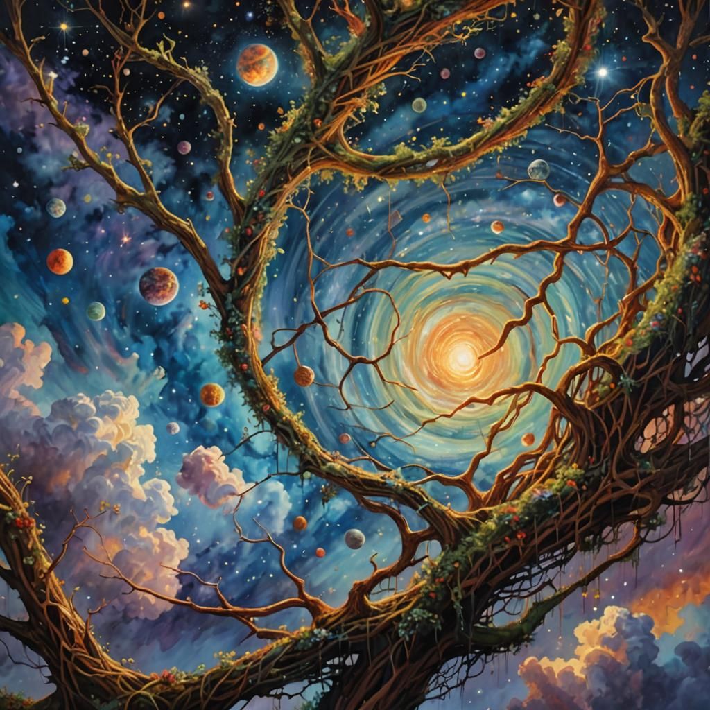 Intestinal Forms Threading Through Impressionistic Sky