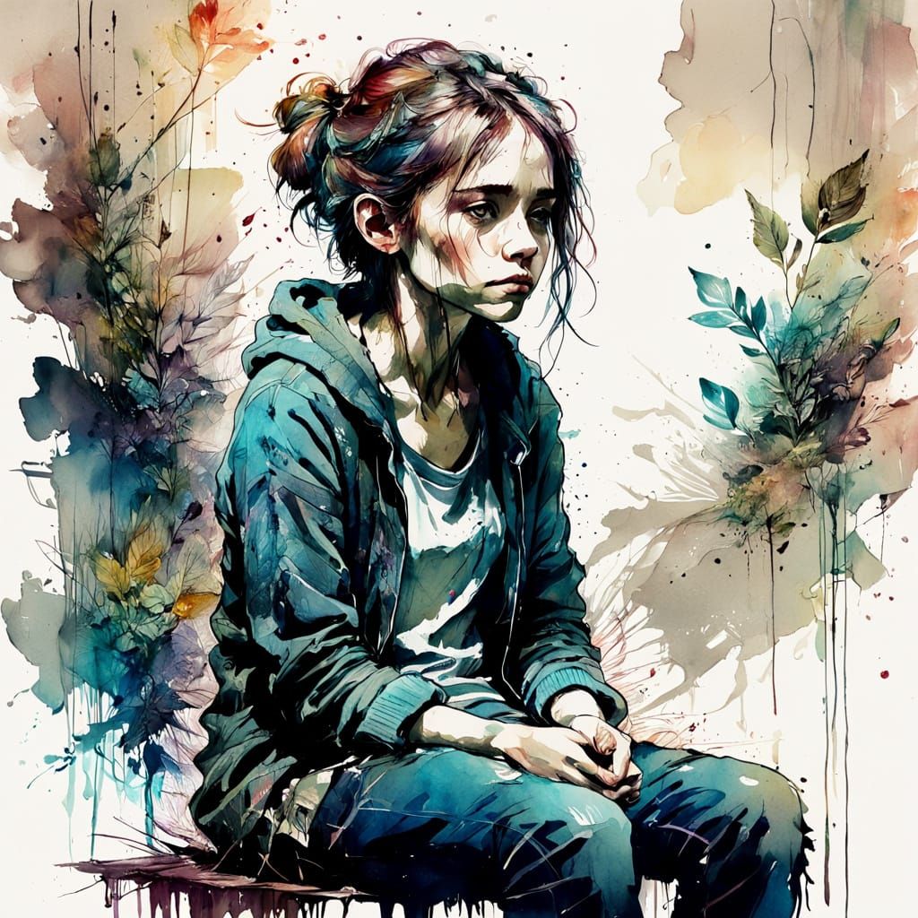 Lonely Figure in Mixed Media Portrait