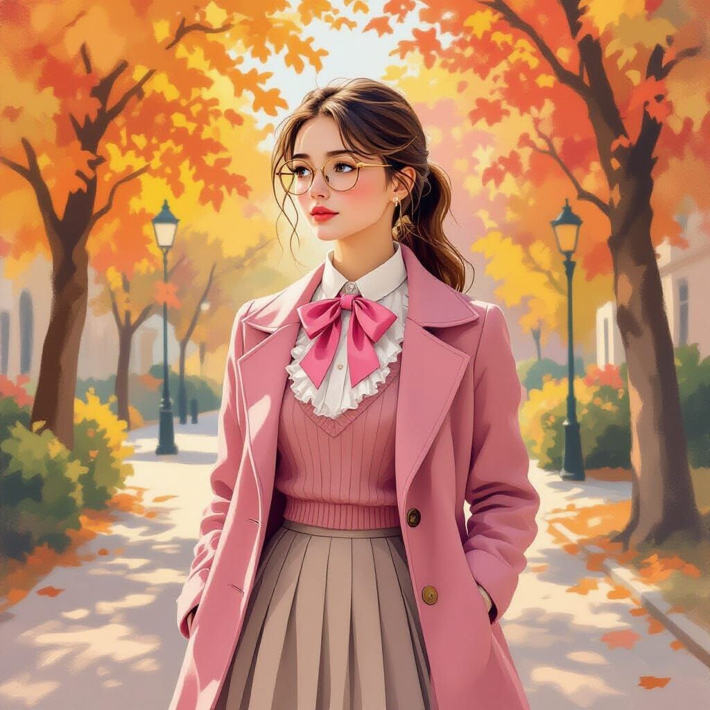 Timid Young Woman in Pink Coat Autumn Walk