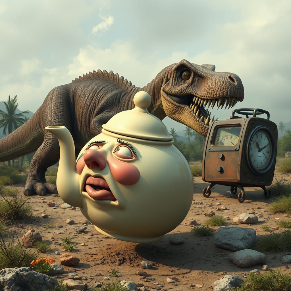 Terrified Teapot Escaping Dinosaur in Prehistory