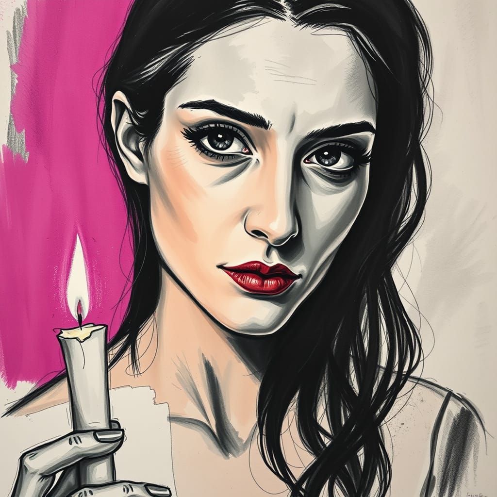 Expressive Charcoal Portrait of a Woman with Candle