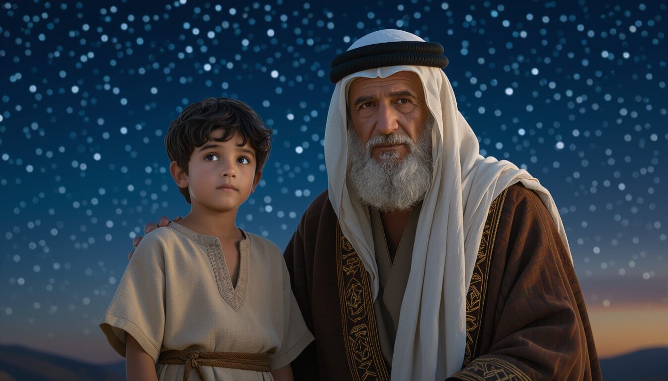 Young Boy and Father Under Starry Sky in Cinematic Style