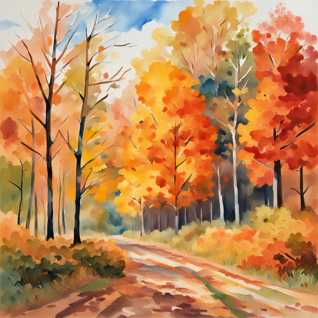 Autumnal Trees as Impressionist Gouache Painting