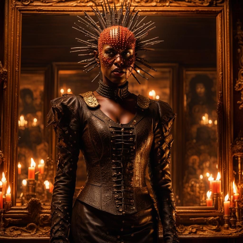 Hellraiser-Inspired Woman with Fiery Reflection