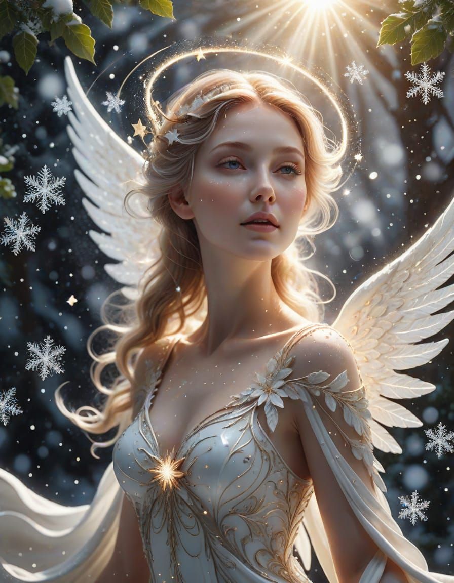 Serene Angel in a Whirling Vortex of Starlight and Snow