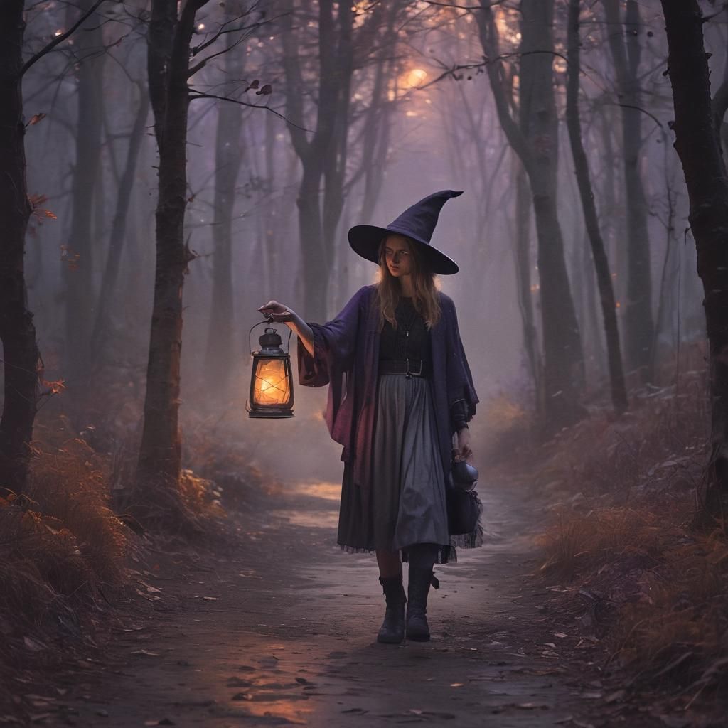 Young Witch in Forest, Fauvist Fantasy Illustration