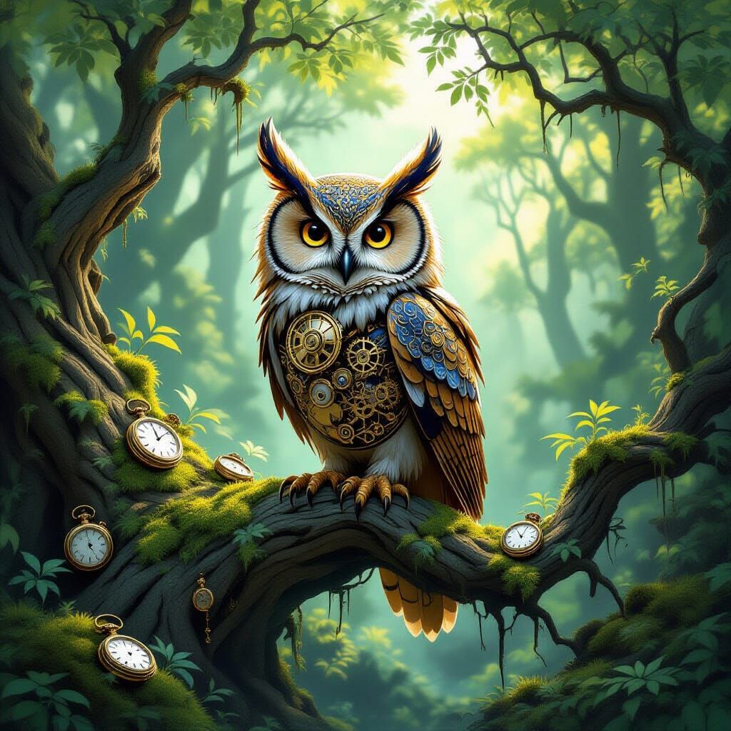 Clockwork Owl on Ancient Branch in Mystical Forest