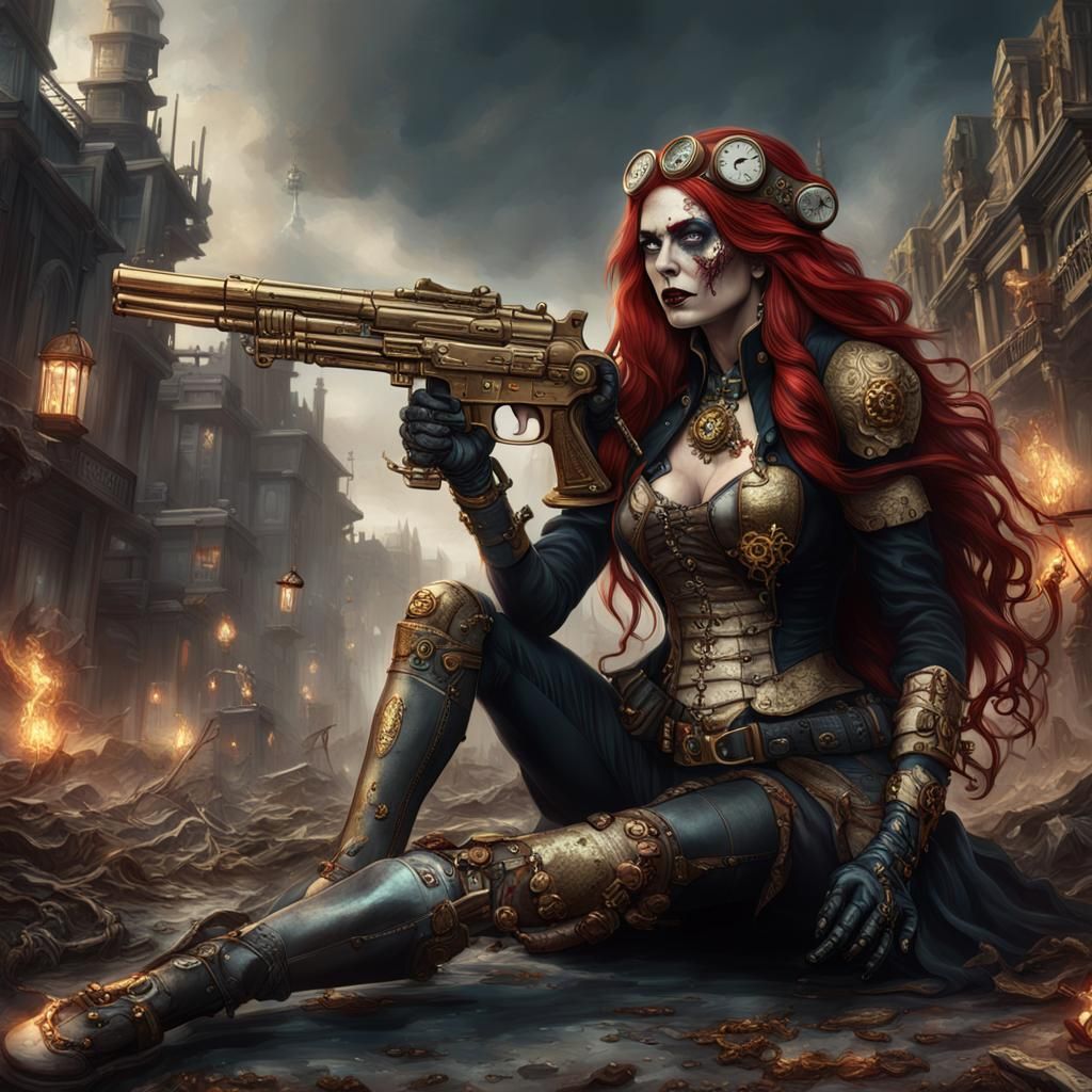 Steampunk Woman Triumphant Over Zombie