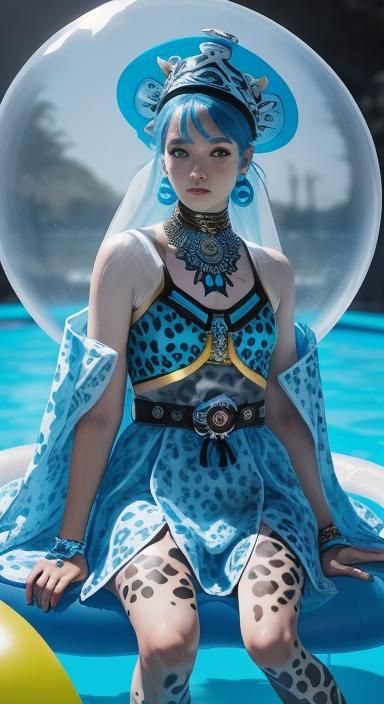 Blue Cosplay Character in Pool with Tribal Designs
