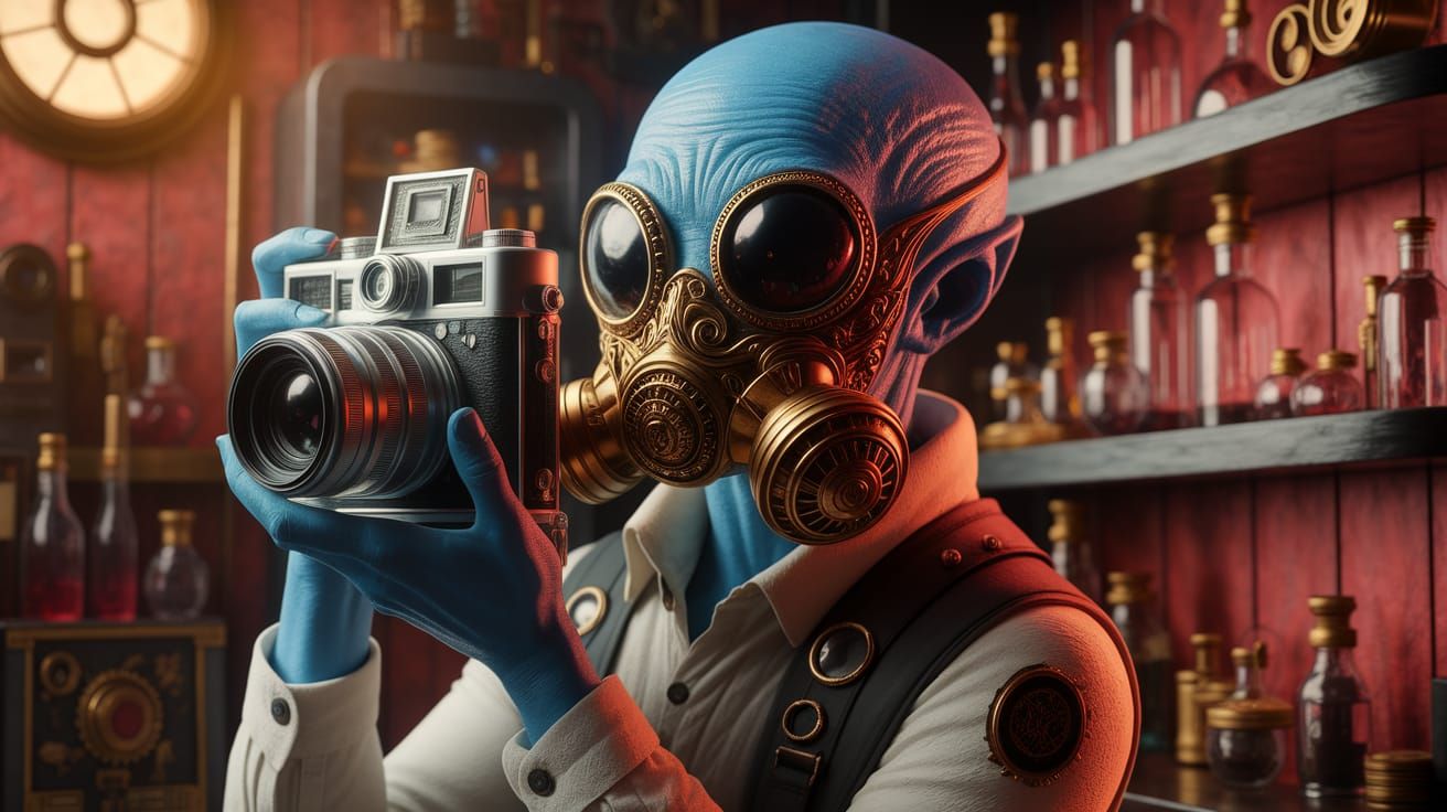 Steampunk Alien Photographer in Amber Light: 3D Render