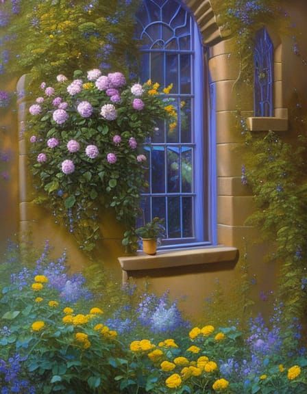 Lush Floral Window: Oil Painting Fantasy Concept